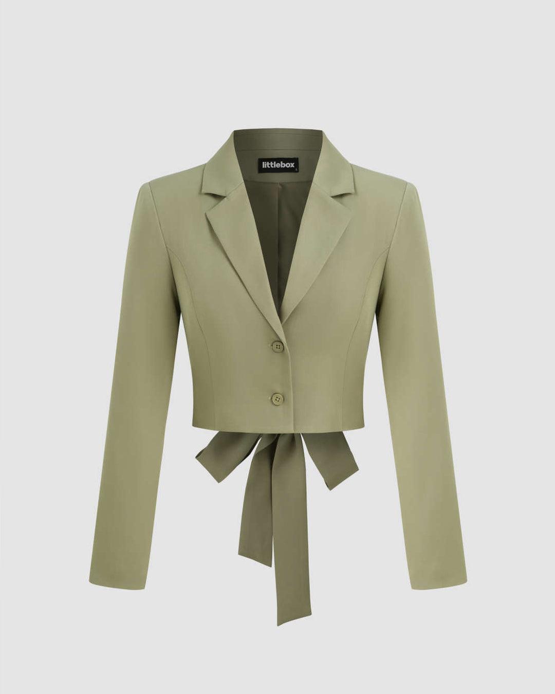 Collar Solid Button Knotted Crop Blazer And High Rise Solid Pocket Straight Leg Trousers