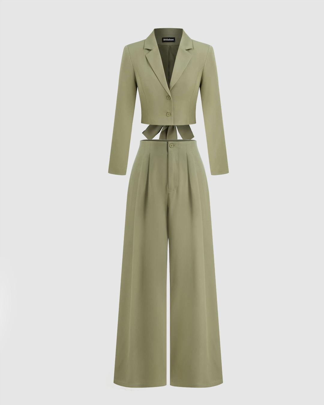 Collar Solid Button Knotted Crop Blazer And High Rise Solid Pocket Straight Leg Trousers