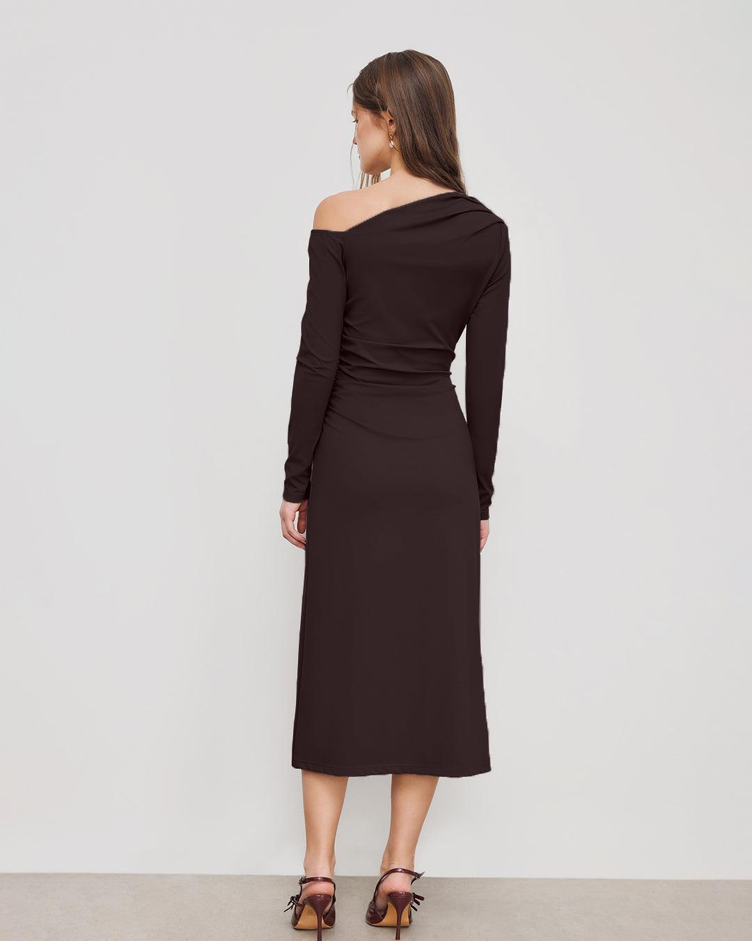 Asymmetrical Neck Ruched Maxi Dress In Brown