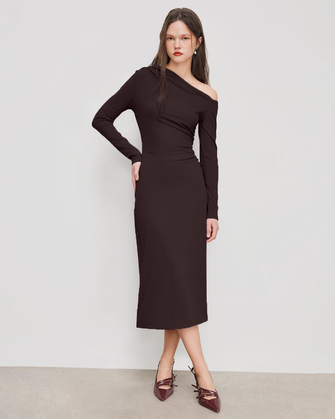 Asymmetrical Neck Ruched Maxi Dress In Brown