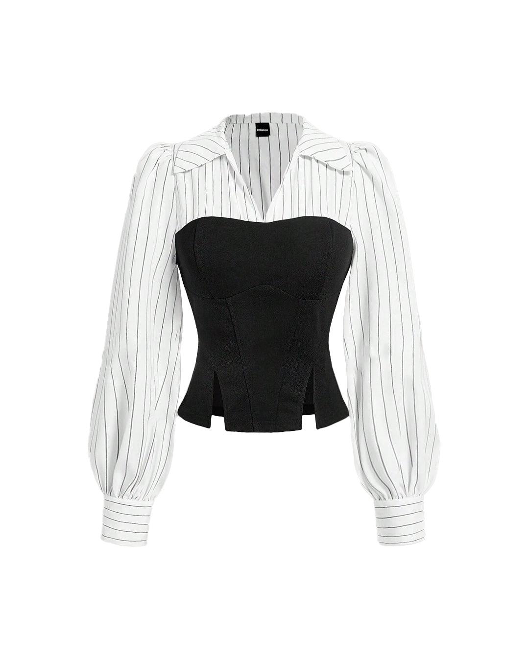Black And White Striped Corset Fitted Shirt