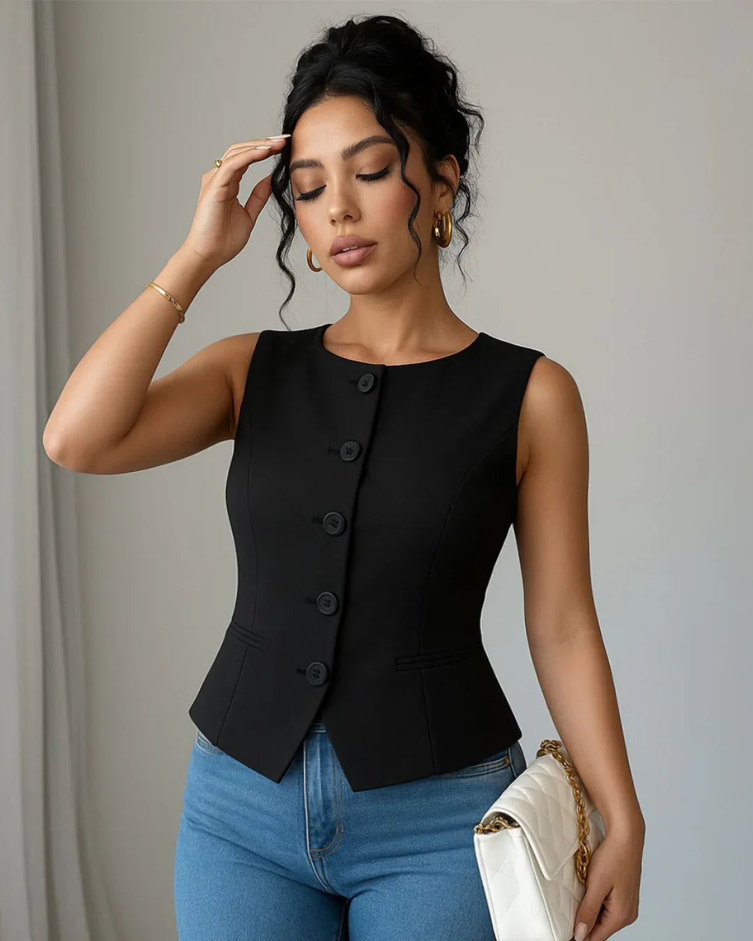 Boat Neck Front Button Black Vest Jacket