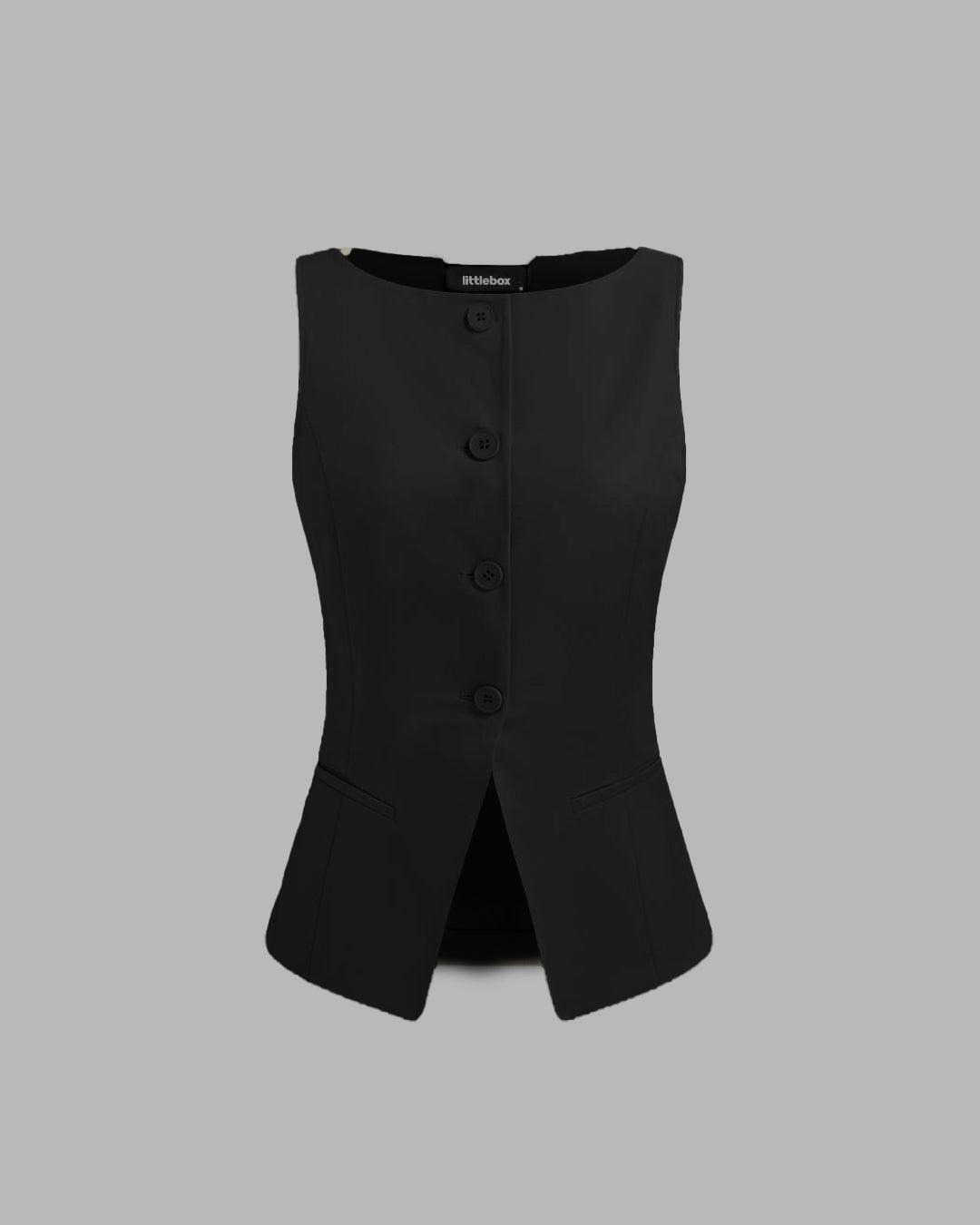 Boat Neck Front Button Black Vest Jacket