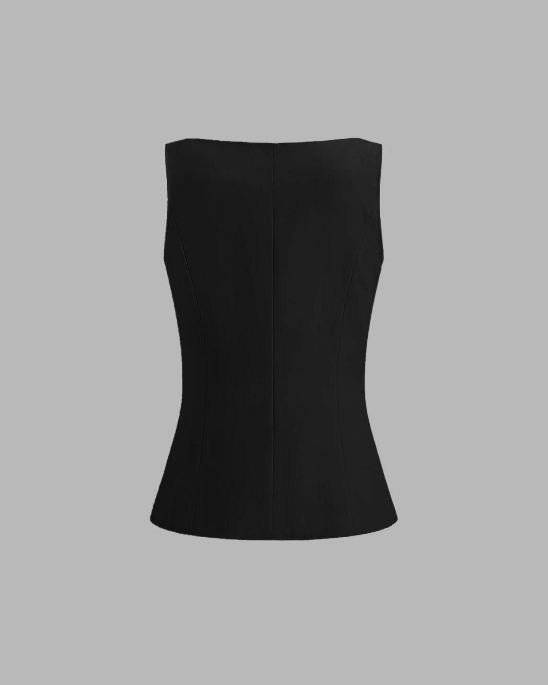Boat Neck Front Button Black Vest Jacket