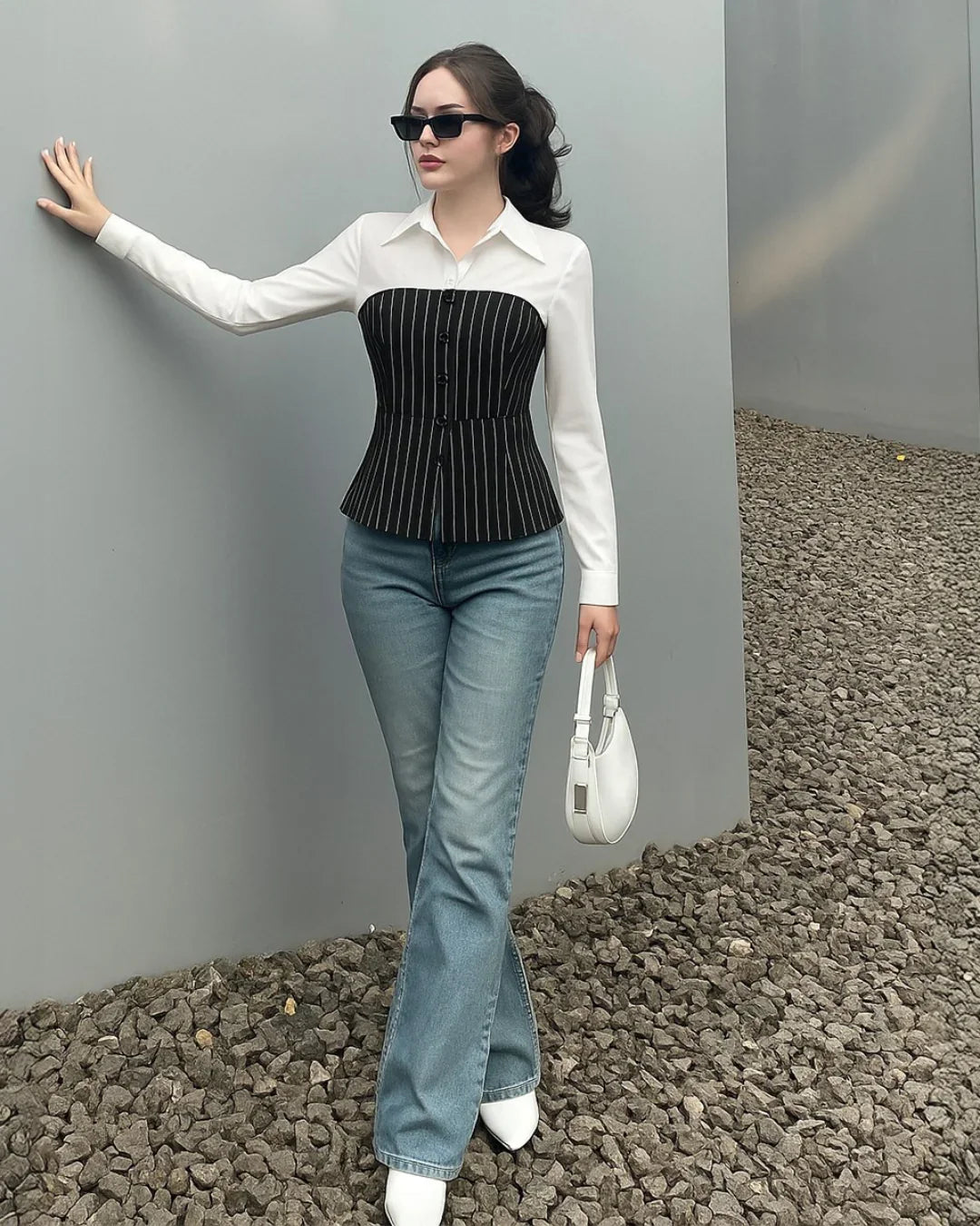 Collar Two Tone Striped Button Shirt