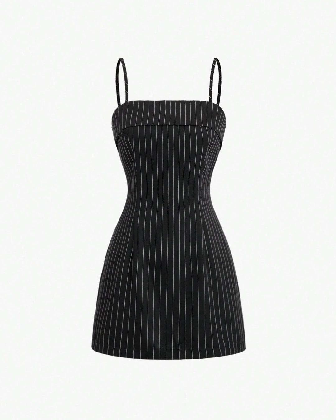 Striped Shirt With Lapel Collar & Spaghetti Strap Dress Set