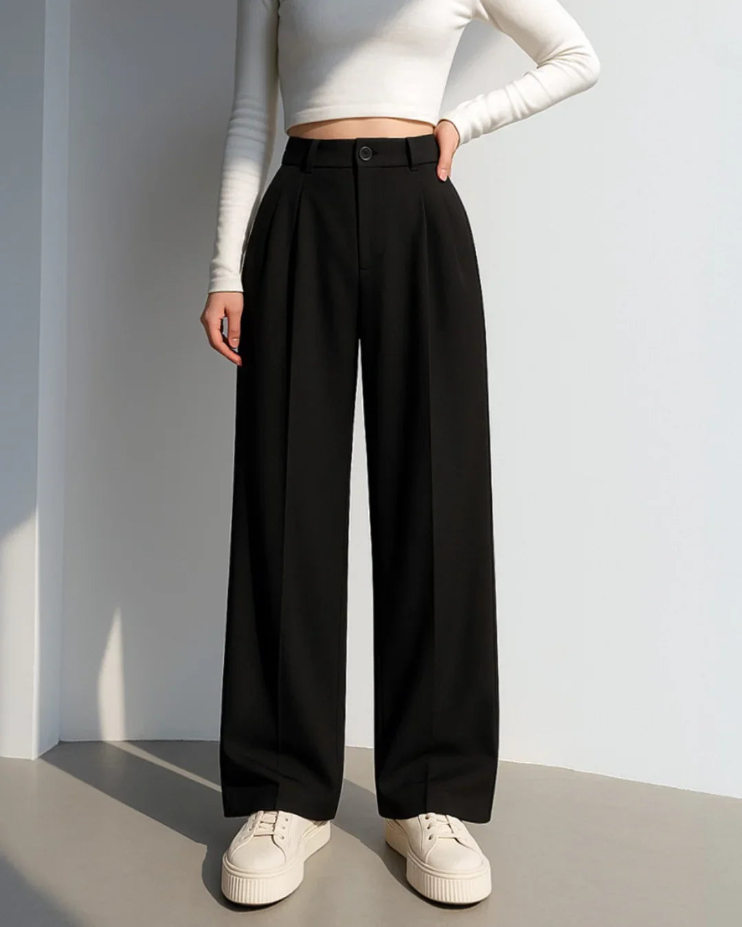 High-Waist Black Korean Trousers with Baggy Fit