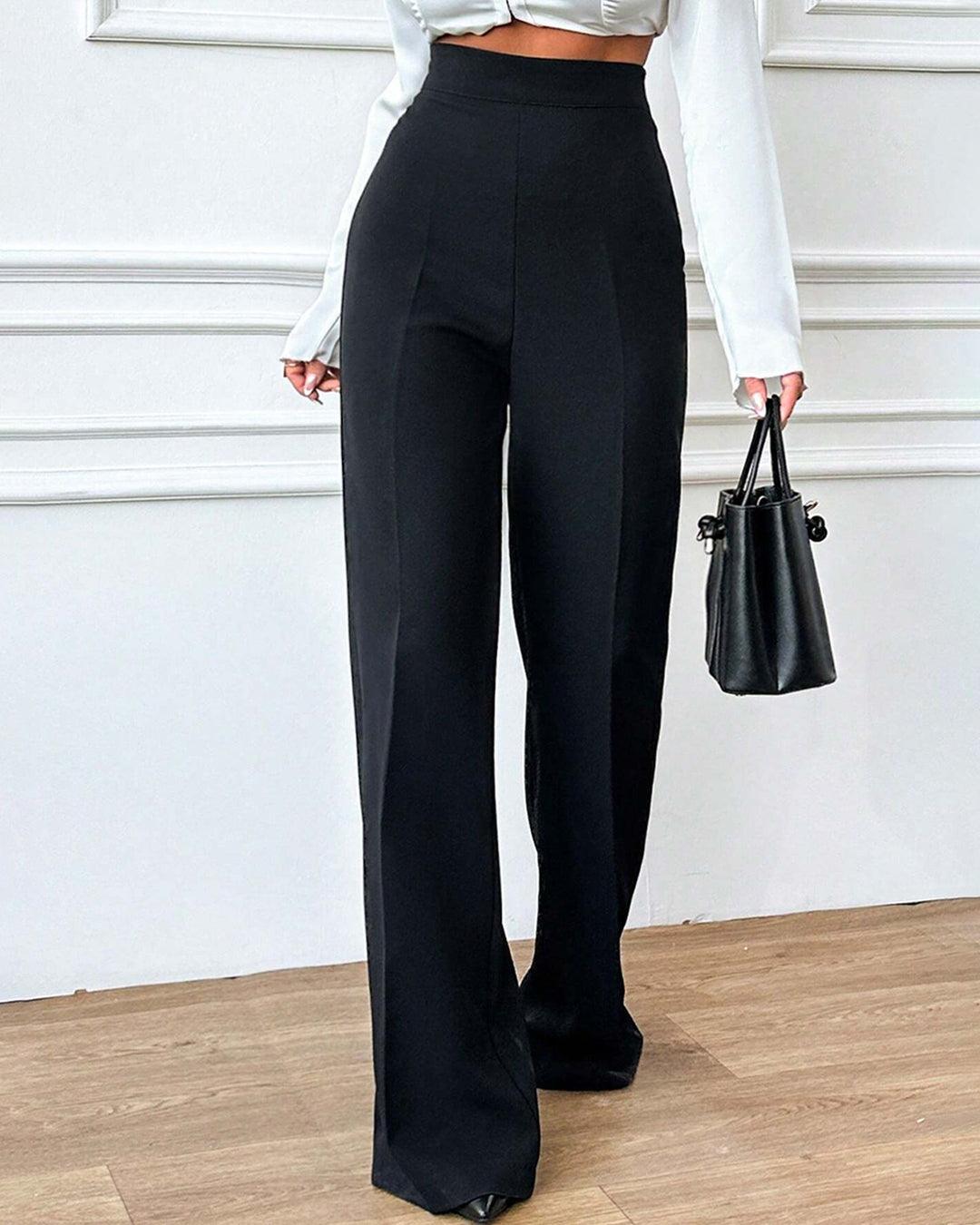 High-Waist Solid Color Casual Wide-Leg Pant In Black