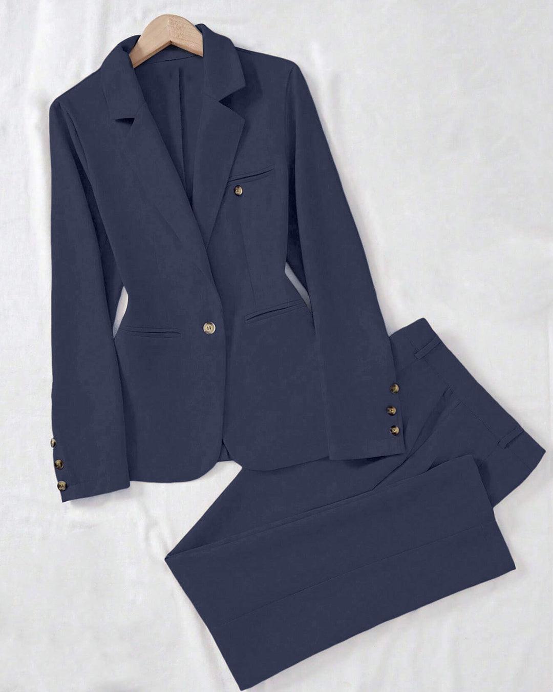 Minimalist Solid Color Notched Collar Single Button Business Suit Jacket & Pant Set In Navy Blue