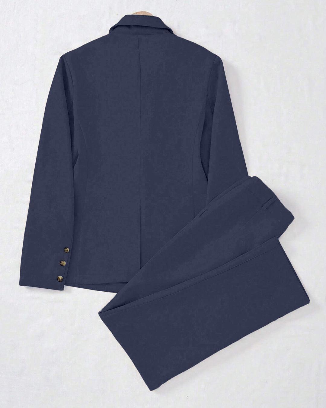 Minimalist Solid Color Notched Collar Single Button Business Suit Jacket & Pant Set In Navy Blue