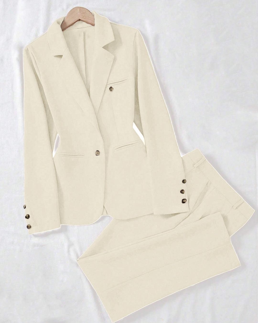 Minimalist Solid Color Notched Collar Single Button Business Suit Jacket & Pant Set In Off-White