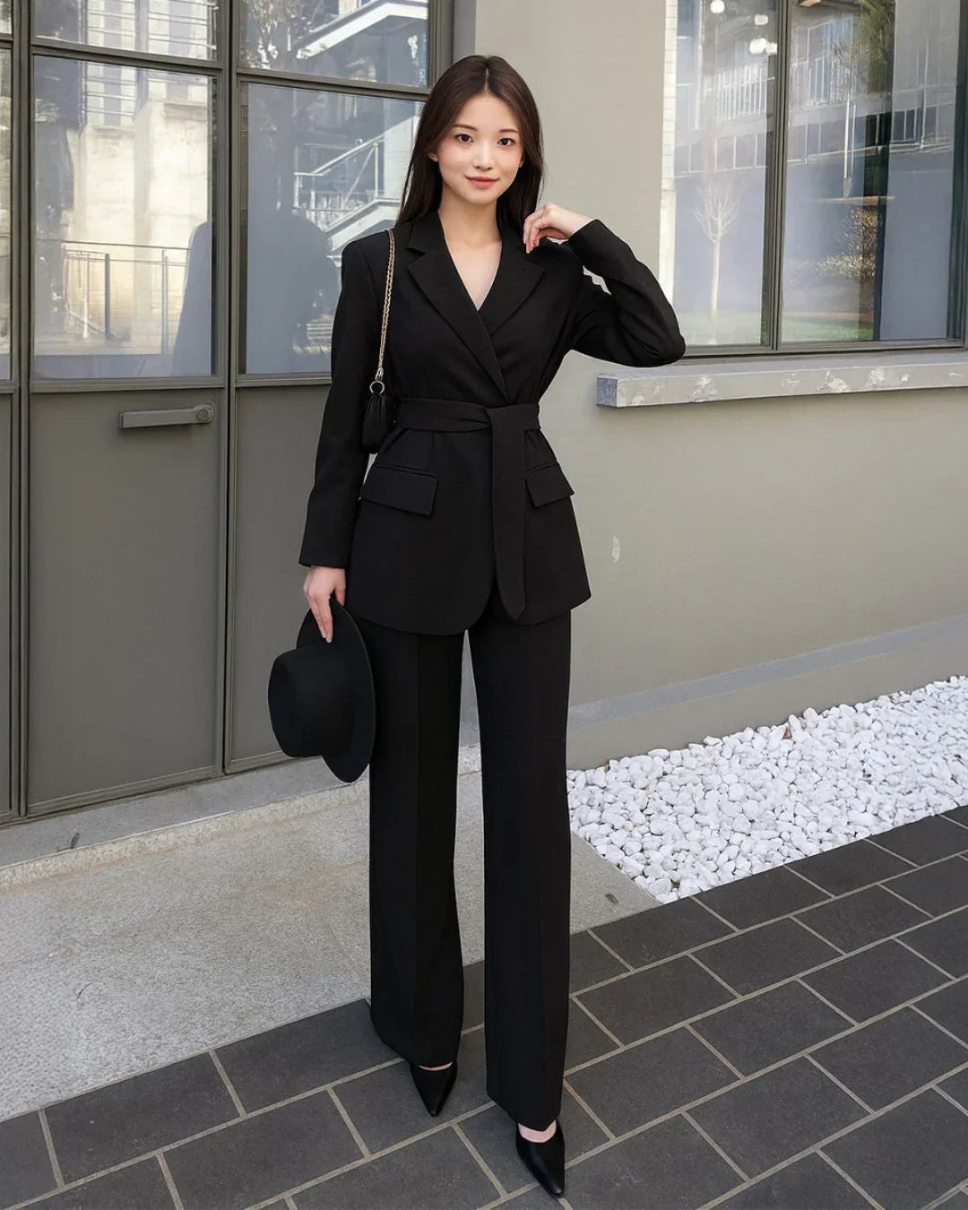 Notched Lapel Belted Blazer And Trousers Set