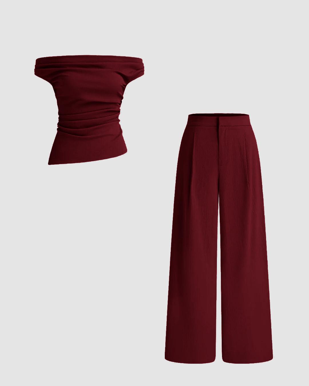 Off-Shoulder Ruched Top With Mid-Rise Straight Leg Trousers in Maroon