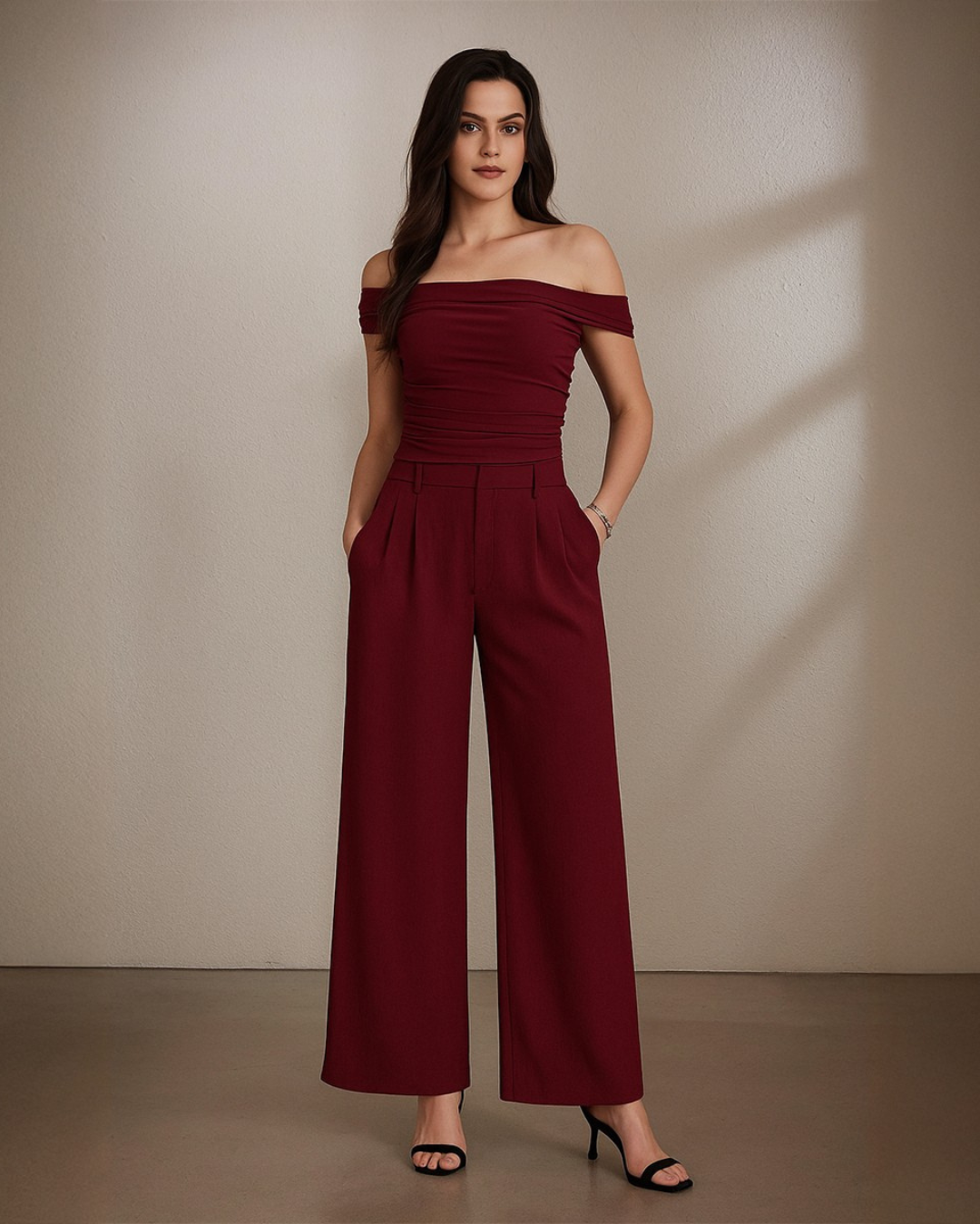 Off-Shoulder Ruched Top With Mid-Rise Straight Leg Trousers in Maroon