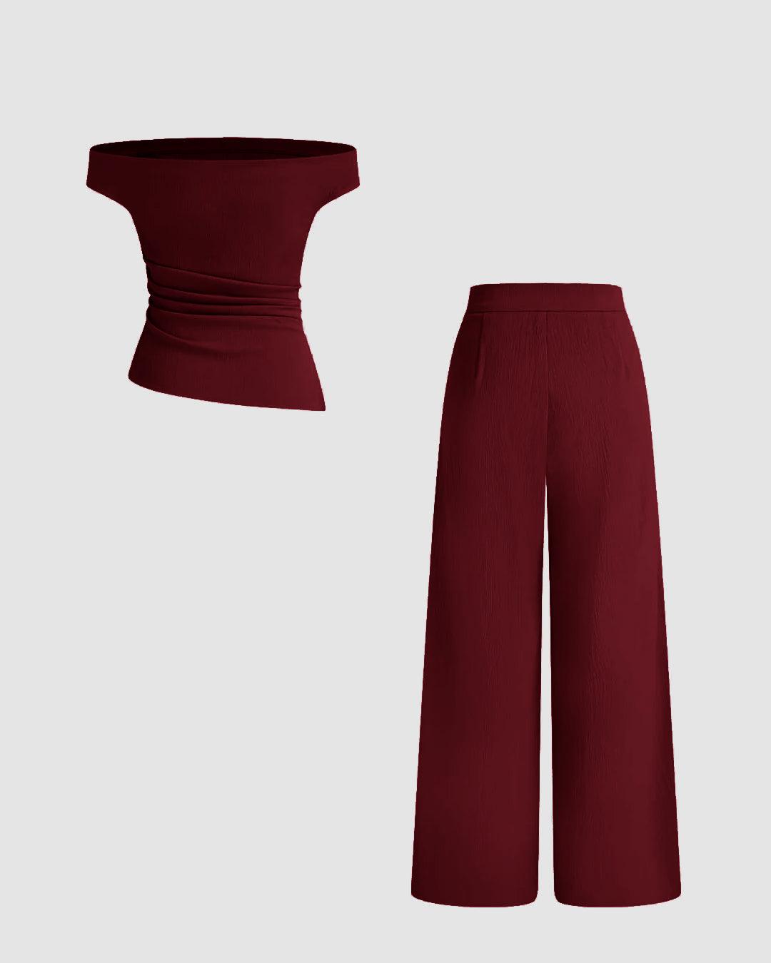 Off-Shoulder Ruched Top With Mid-Rise Straight Leg Trousers in Maroon