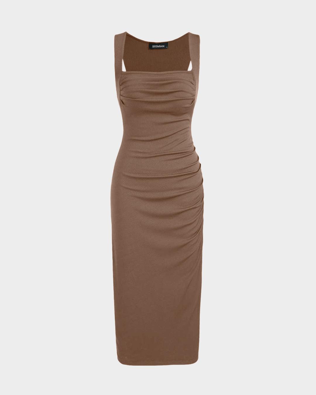 Square Neck Ruched Sleeveless Midi Dress In Brown
