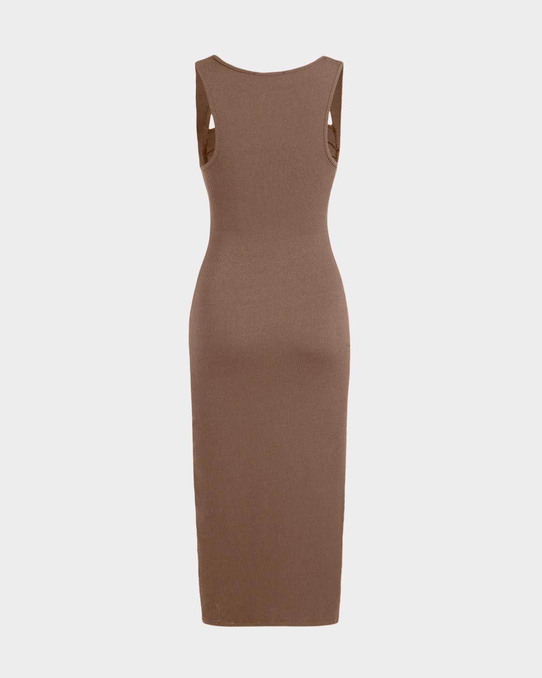 Square Neck Ruched Sleeveless Midi Dress In Brown