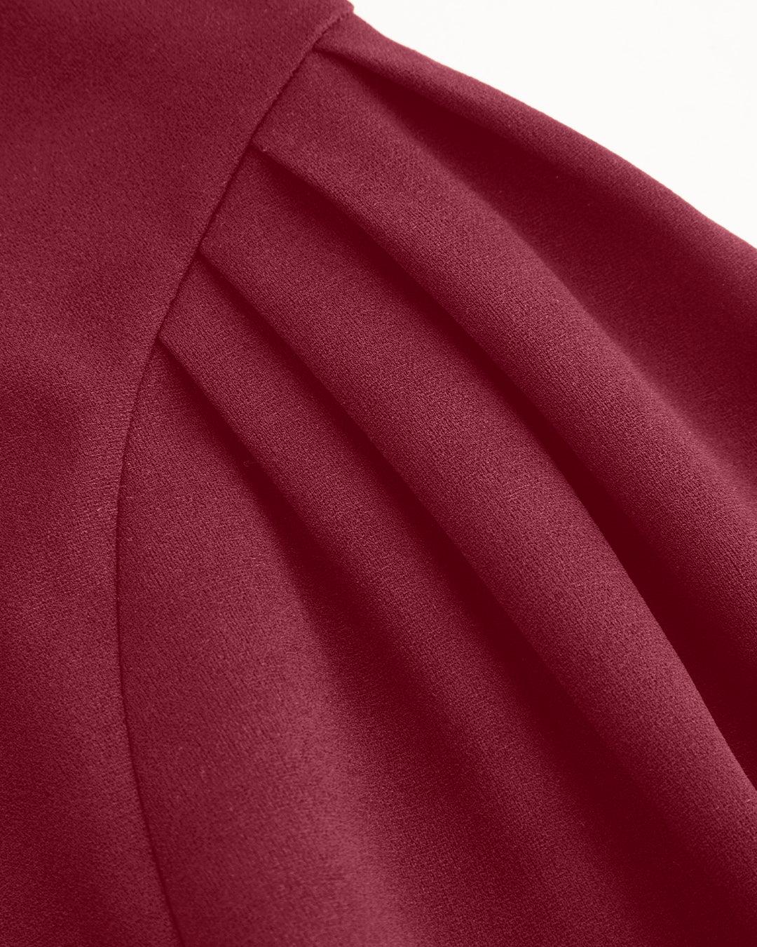 Square Neck Solid Ruffle Zipper Long Sleeve Midi Dress In Cherry Red