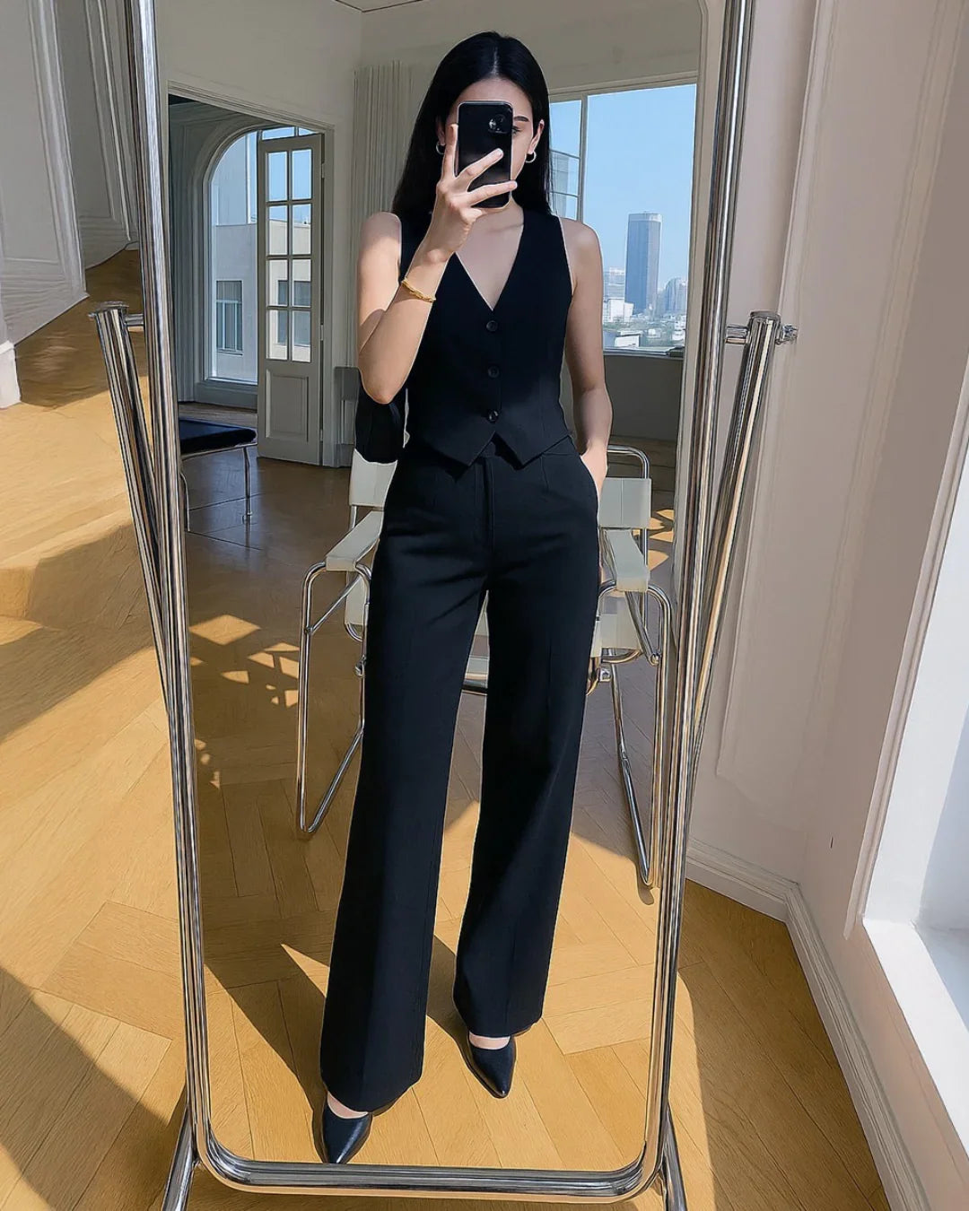 V-neck Solid Button Vest & Mid Rise Pocket Wide Leg Trousers In Black