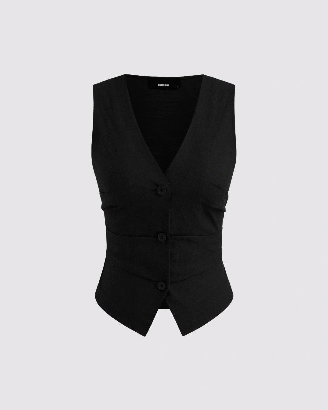 V-neck Solid Button Vest & Mid Rise Pocket Wide Leg Trousers In Black