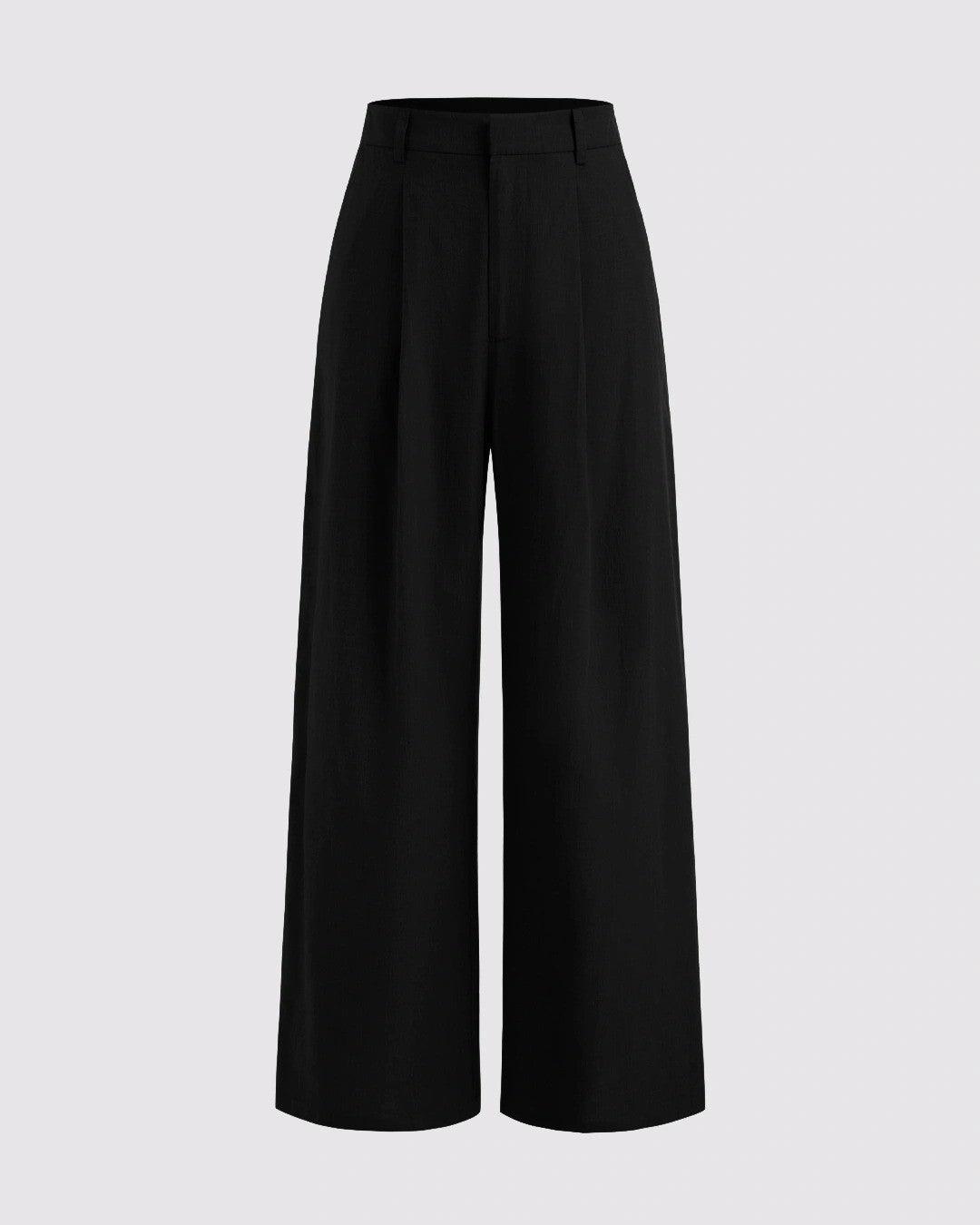 V-neck Solid Button Vest & Mid Rise Pocket Wide Leg Trousers In Black