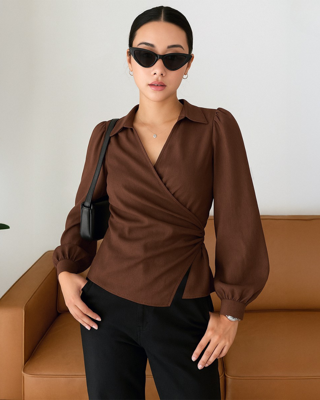 V Neck Wrap Front With Lantern Sleeve Top in Brown
