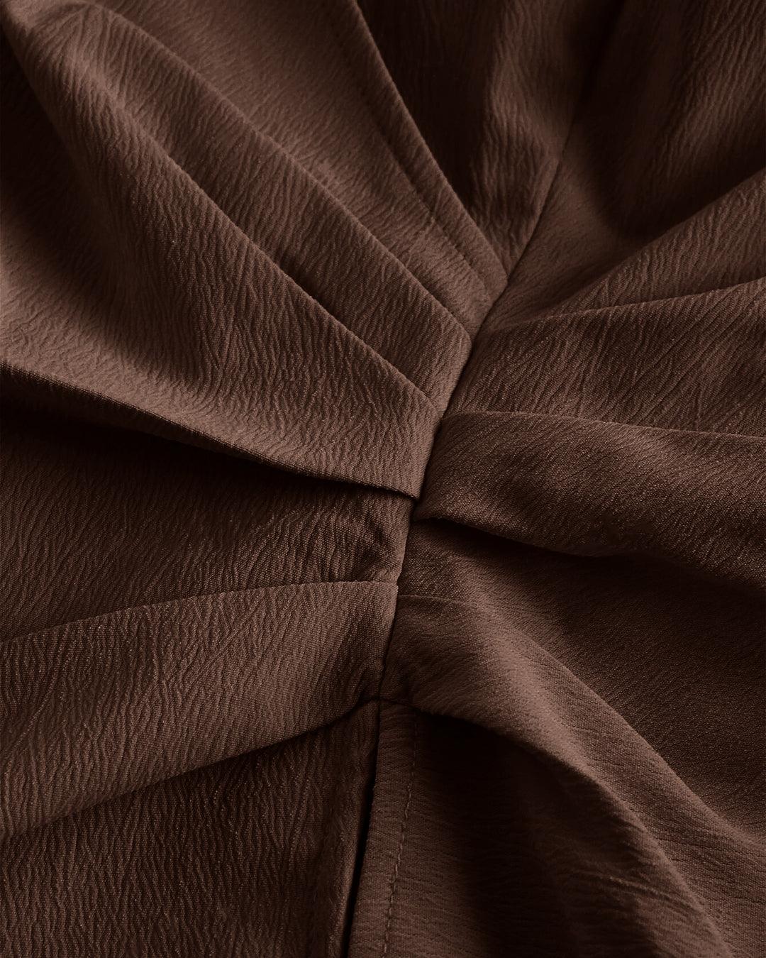 V Neck Wrap Front With Lantern Sleeve Top in Brown