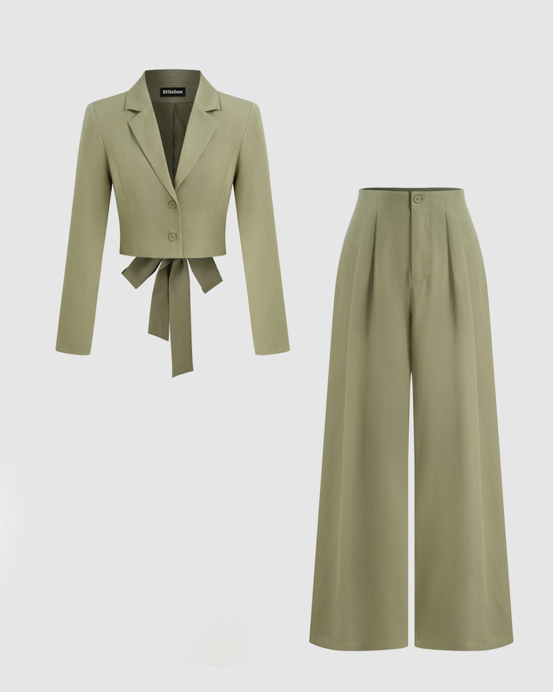 Collar Solid Button Knotted Crop Blazer And High Rise Solid Pocket Straight Leg Trousers
