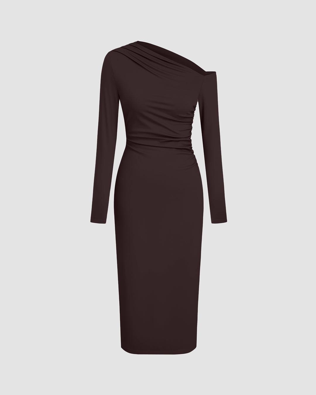 Asymmetrical Neck Ruched Maxi Dress In Brown