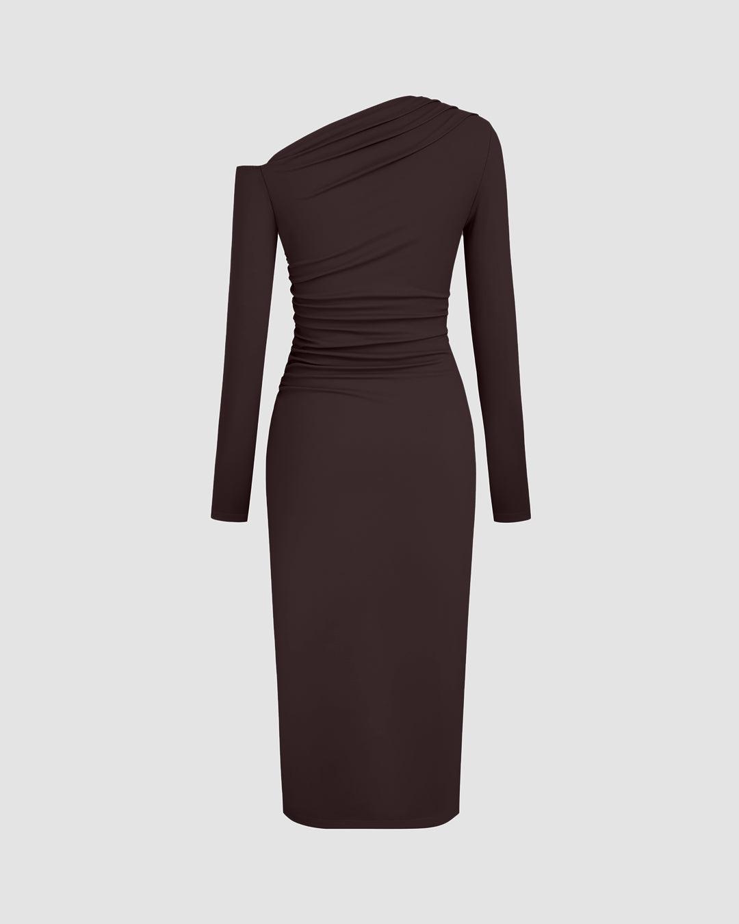 Asymmetrical Neck Ruched Maxi Dress In Brown