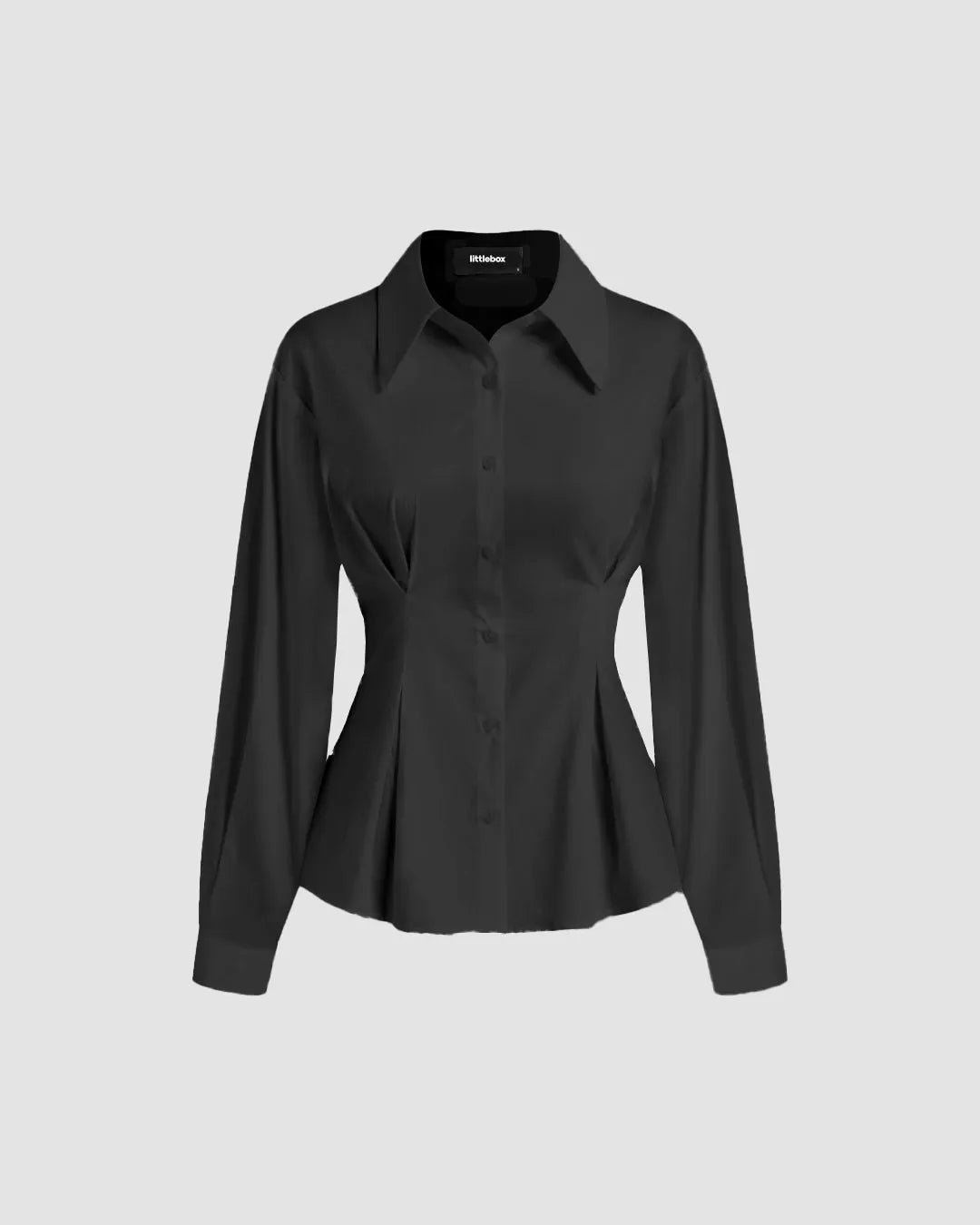 Black Shirt with Pleated Peplum Waist and Button Closure