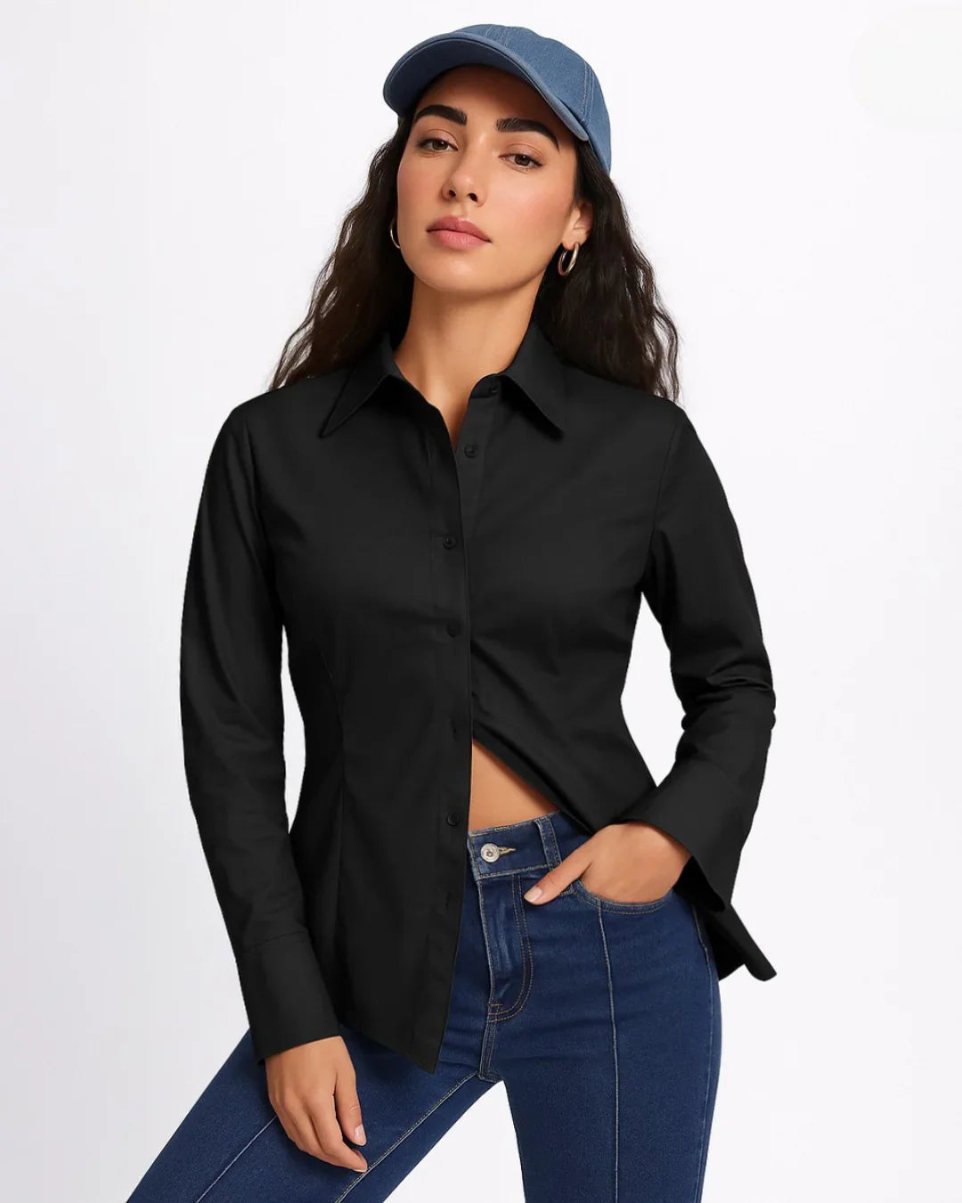 Black Shirt with Pleated Peplum Waist and Button Closure