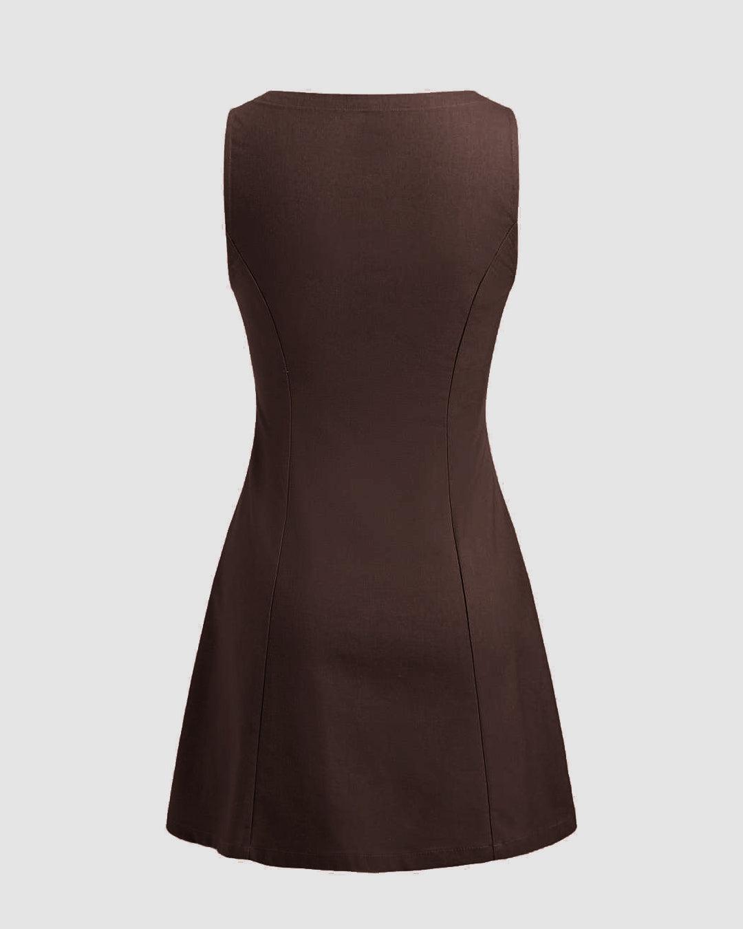 Boat Neckline Solid Button Sleeveless Coco Brown Mini Dress