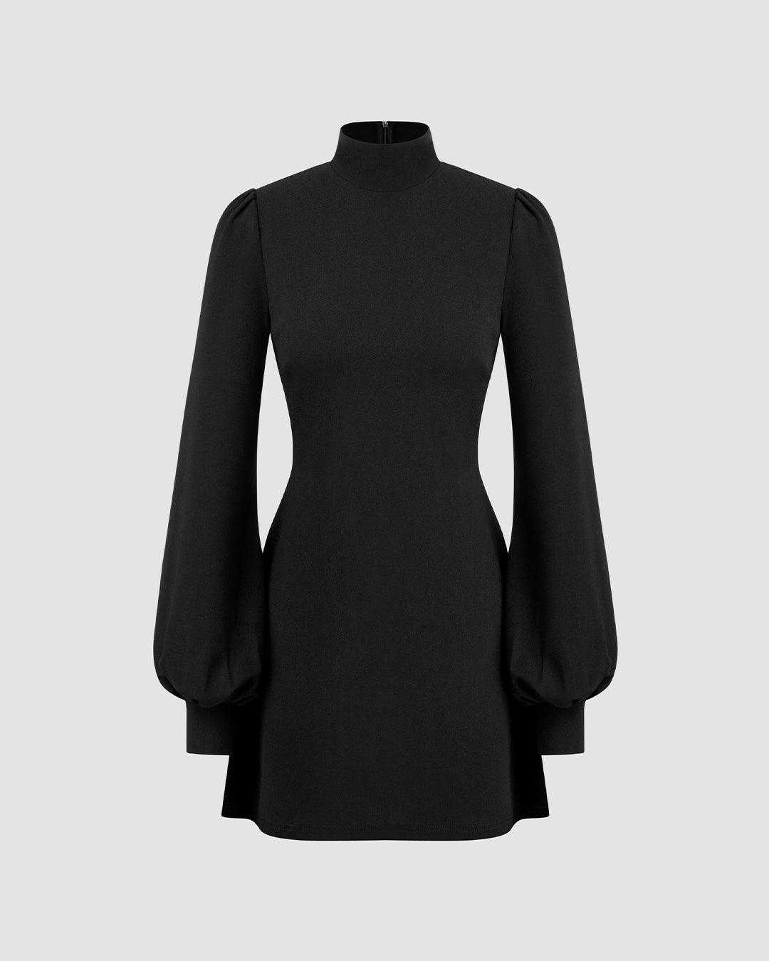 High Neck Ruffle Puff Sleeve Black Mini Dress