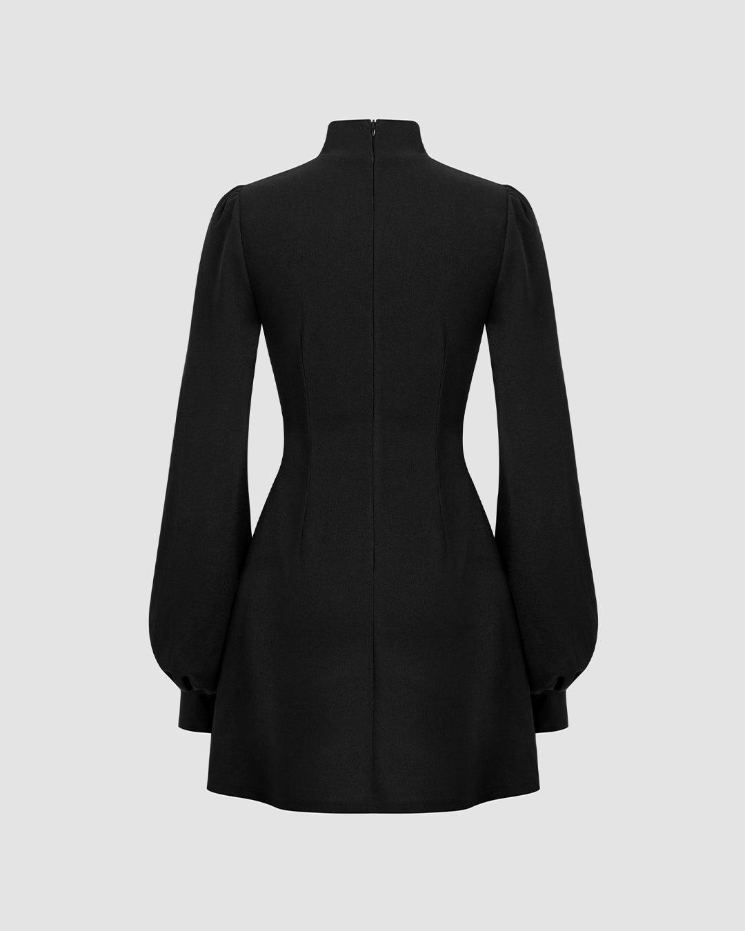 High Neck Ruffle Puff Sleeve Black Mini Dress