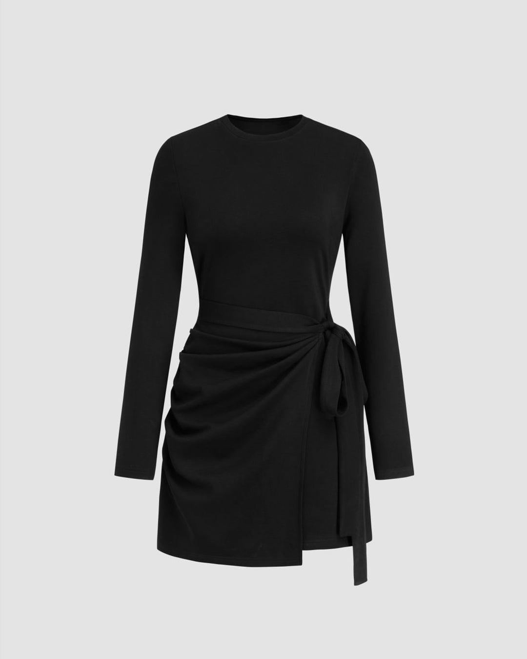 Round Neckline Knotted Wrap Mini Dress