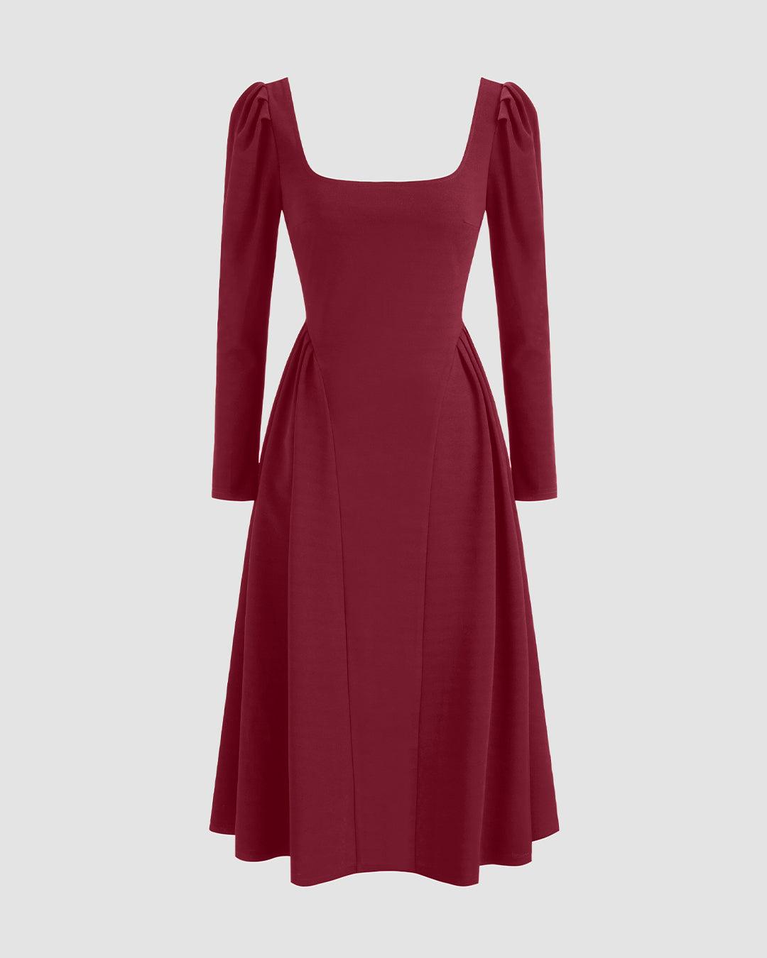 Square Neck Solid Ruffle Zipper Long Sleeve Midi Dress In Cherry Red