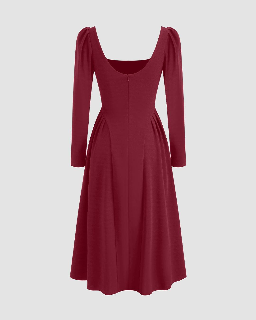 Square Neck Solid Ruffle Zipper Long Sleeve Midi Dress In Cherry Red