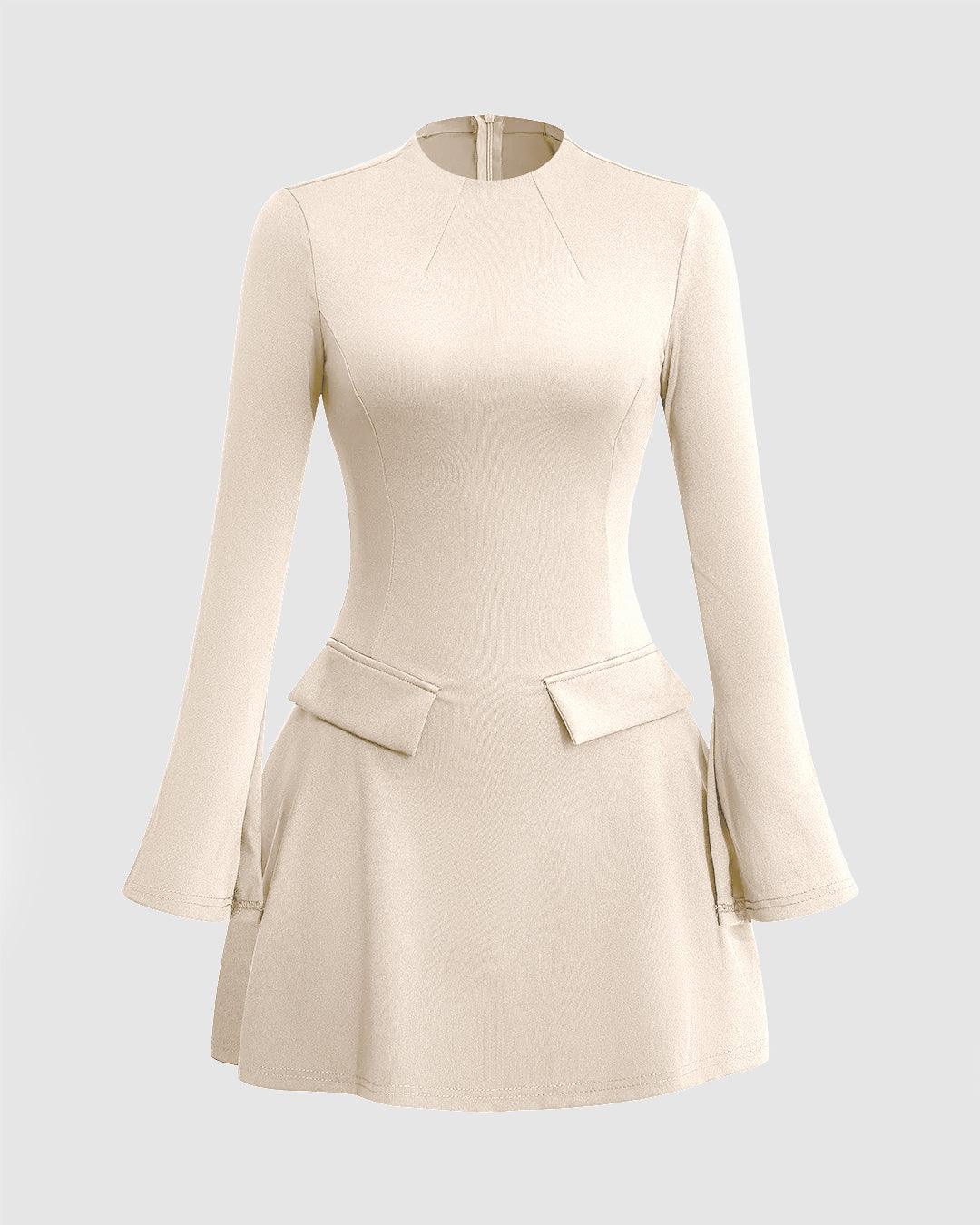 Stitching Bell Sleeve Off-White Mini Dress