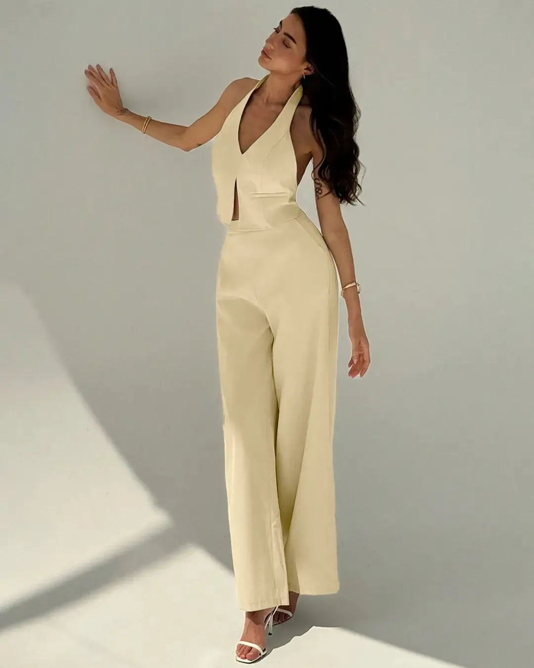 Halter Neck Sleeveless Top with Wide Leg Pants In Beige