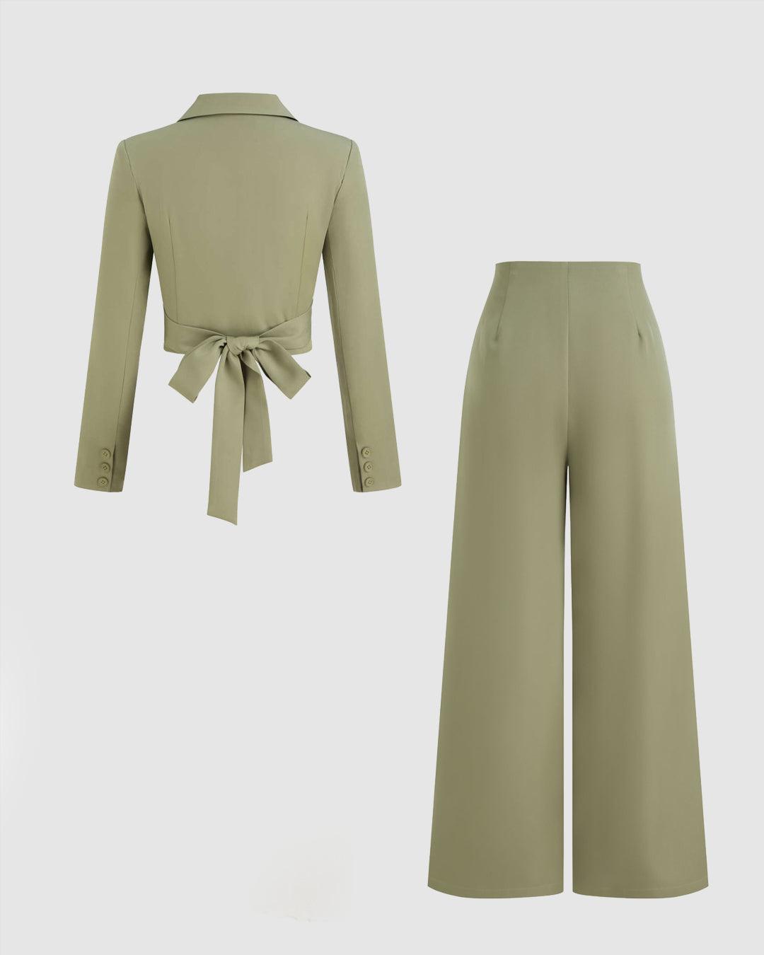 Collar Solid Button Knotted Crop Blazer And High Rise Solid Pocket Straight Leg Trousers